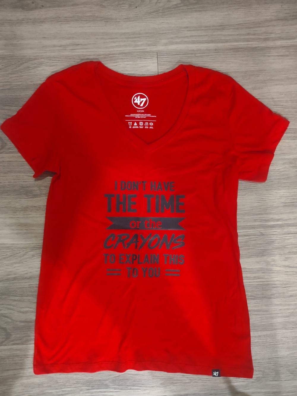 47 Women's Red V-Neck Graphic Tee with Navy Text